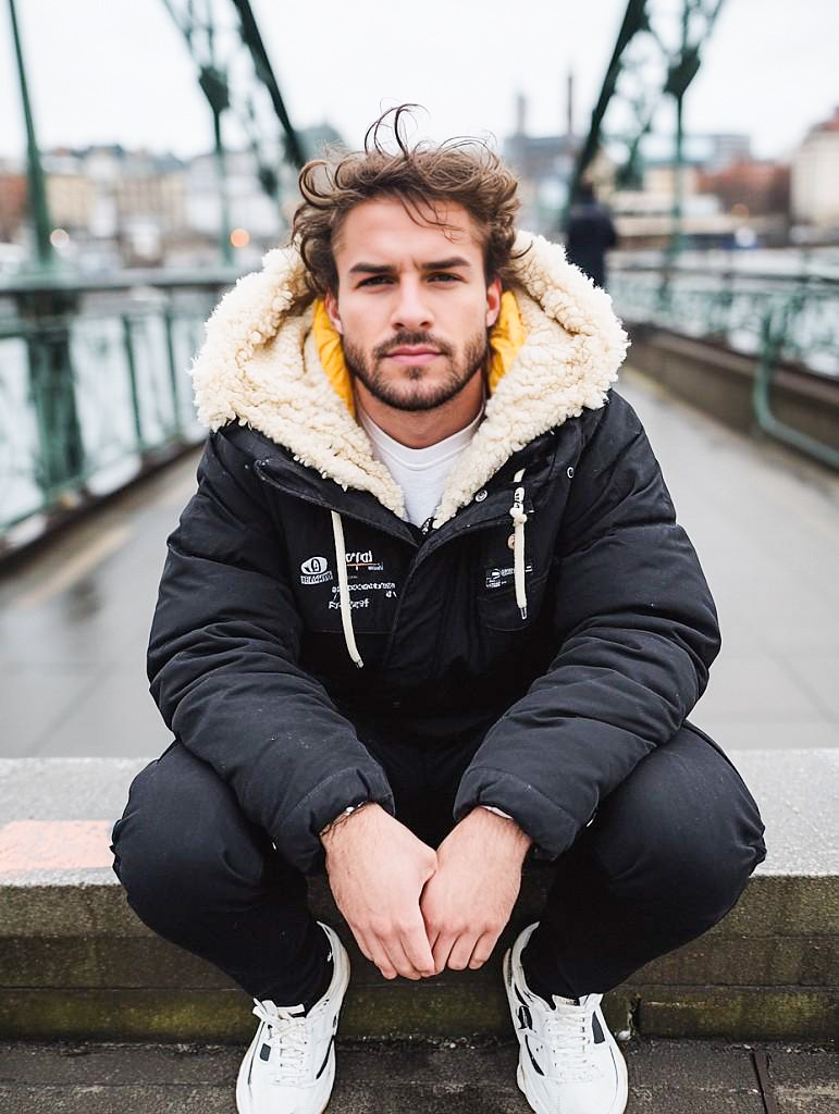 Young Man in Cozy Black Jacket on Bridge