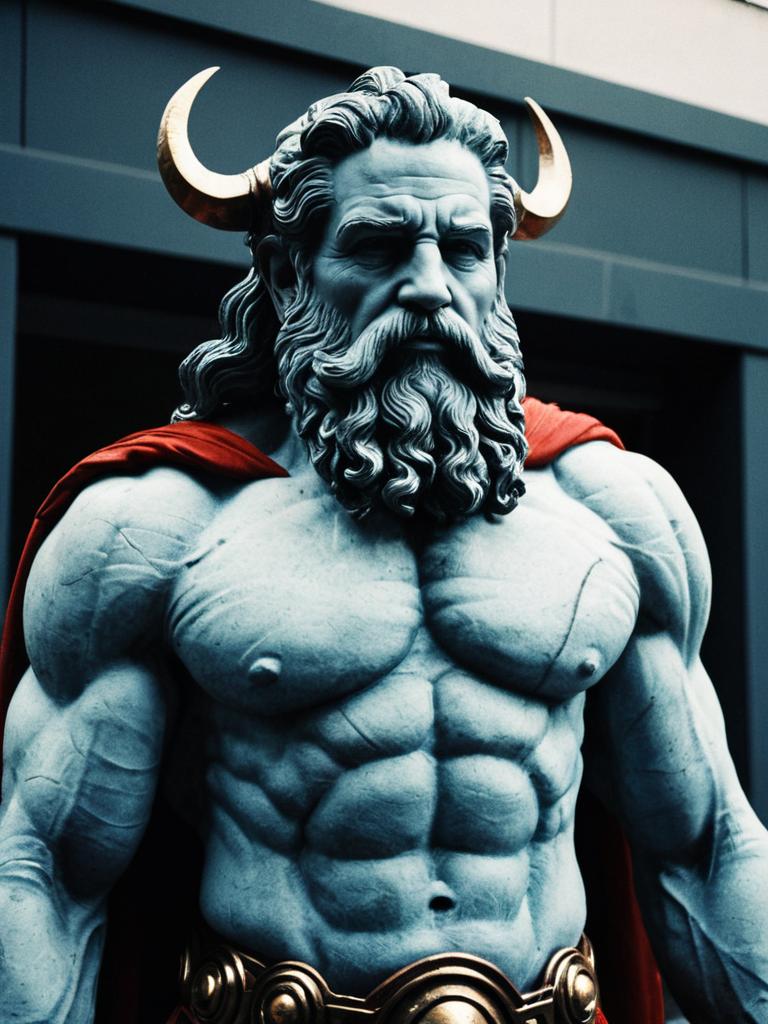 Muscular Man in Hephaestus God Costume with Horned Headpiece and Red Cape
