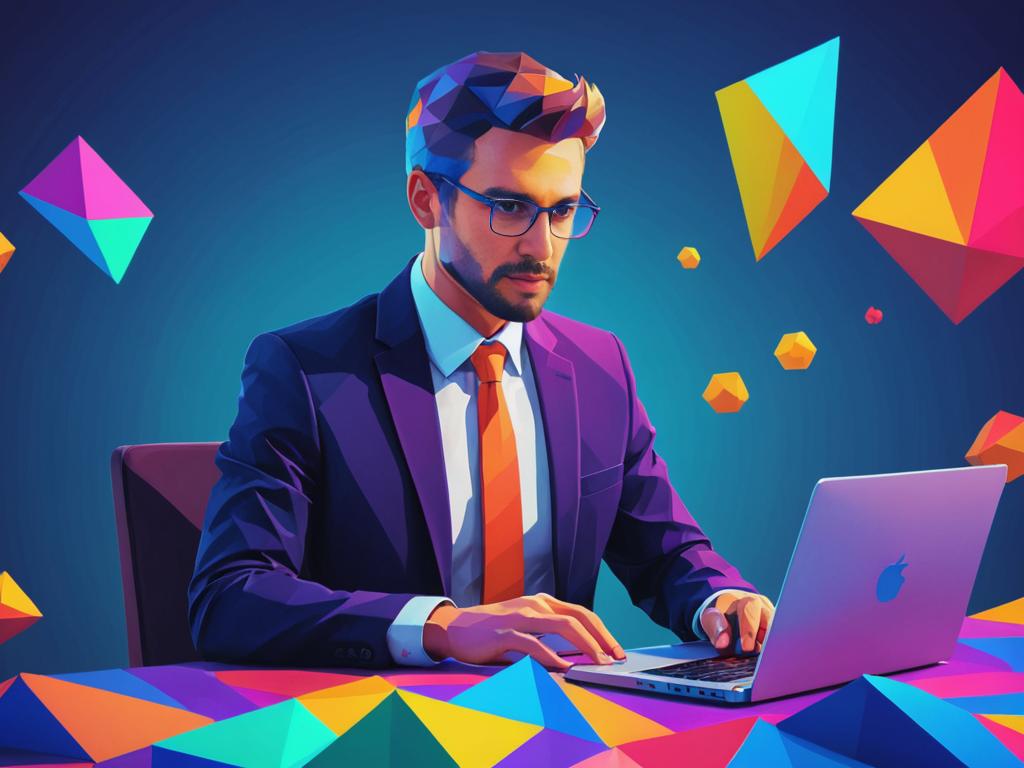 Man in Suit on Laptop with Geometric Shapes