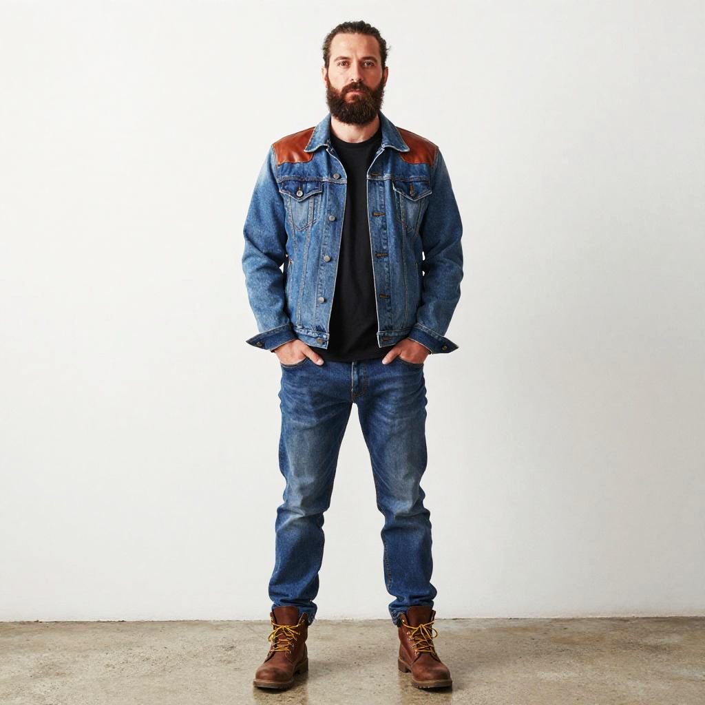 Confident Man Wearing Denim Jacket and Jeans with Brown Leather Boots