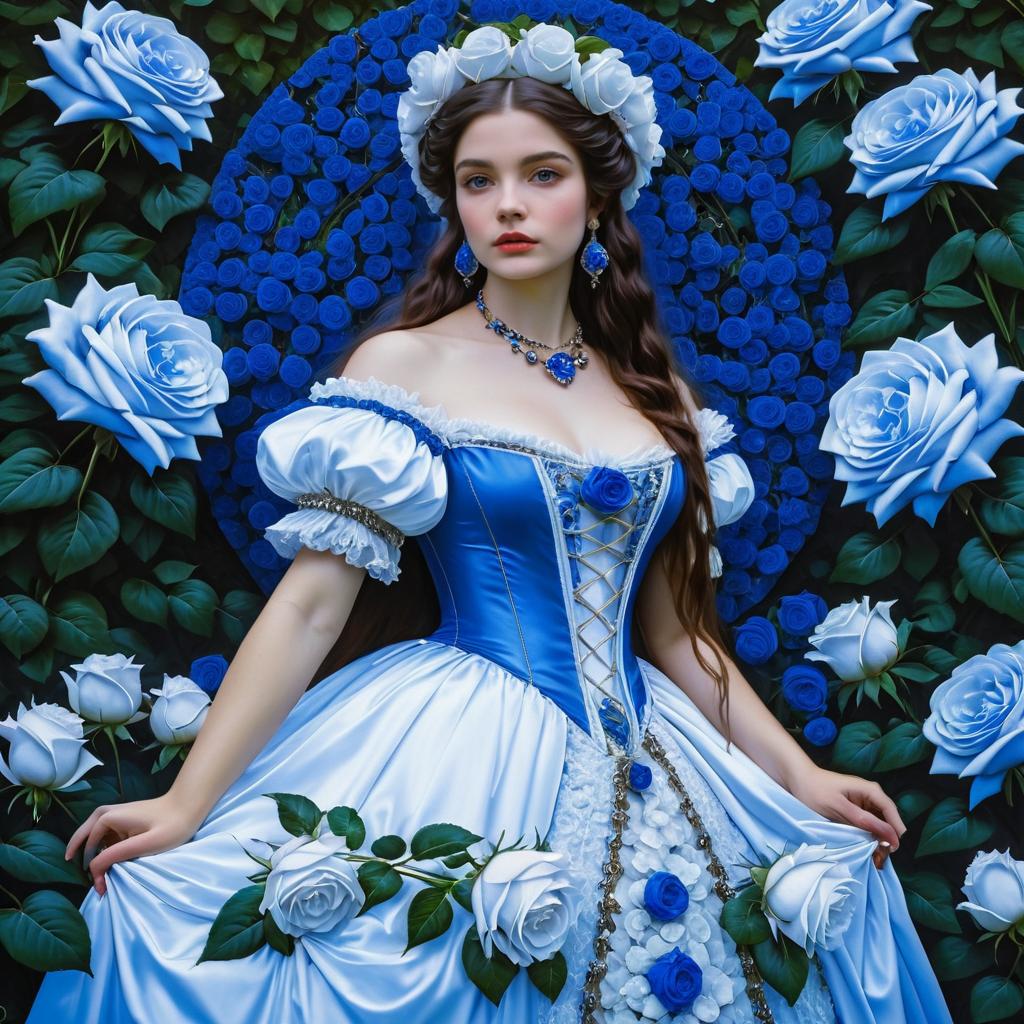 Woman in Elegant Blue and White Gown with Blue Roses