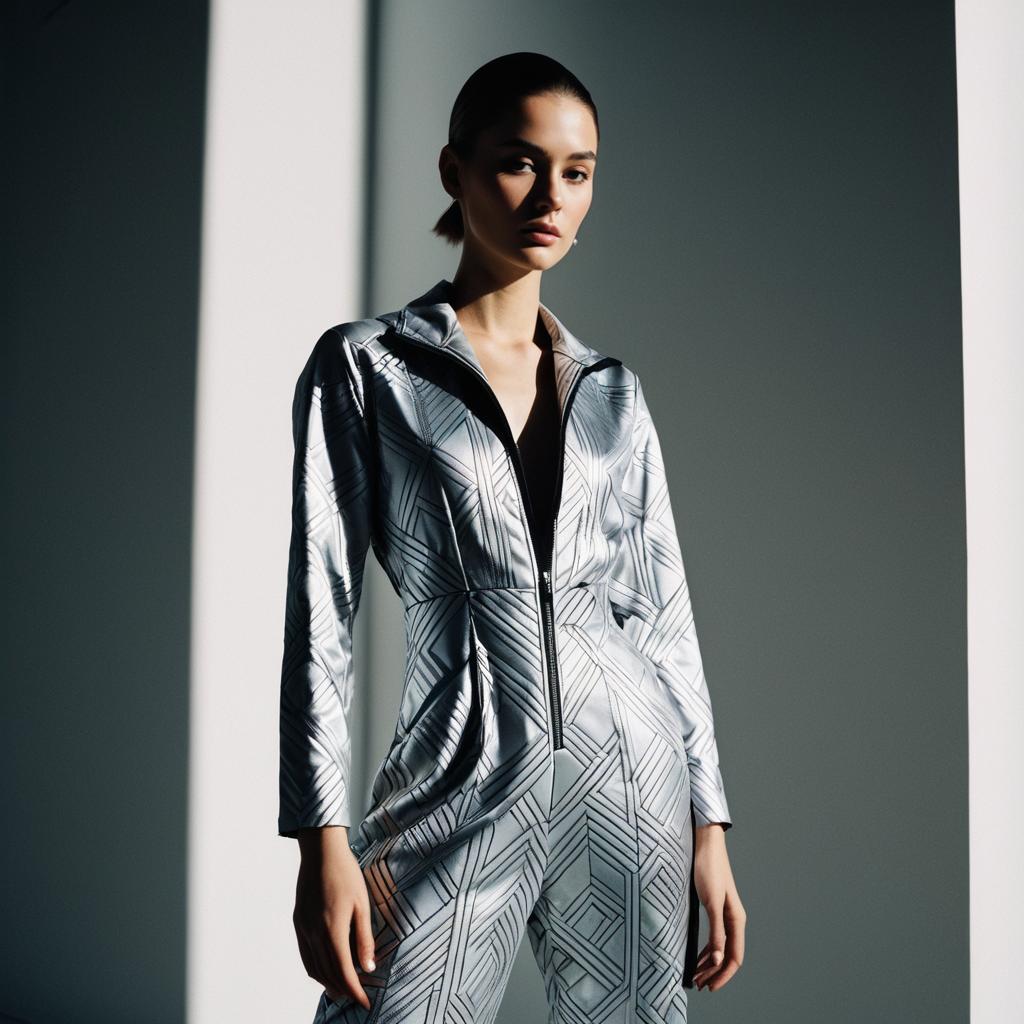 Woman Wearing Metallic Silver Geometric Pattern Jumpsuit in Modern Portrait