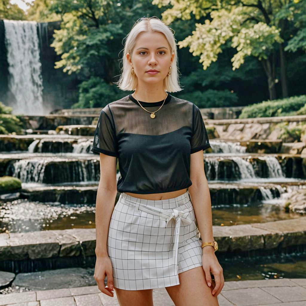 Stylish Woman at Waterfall in Nature