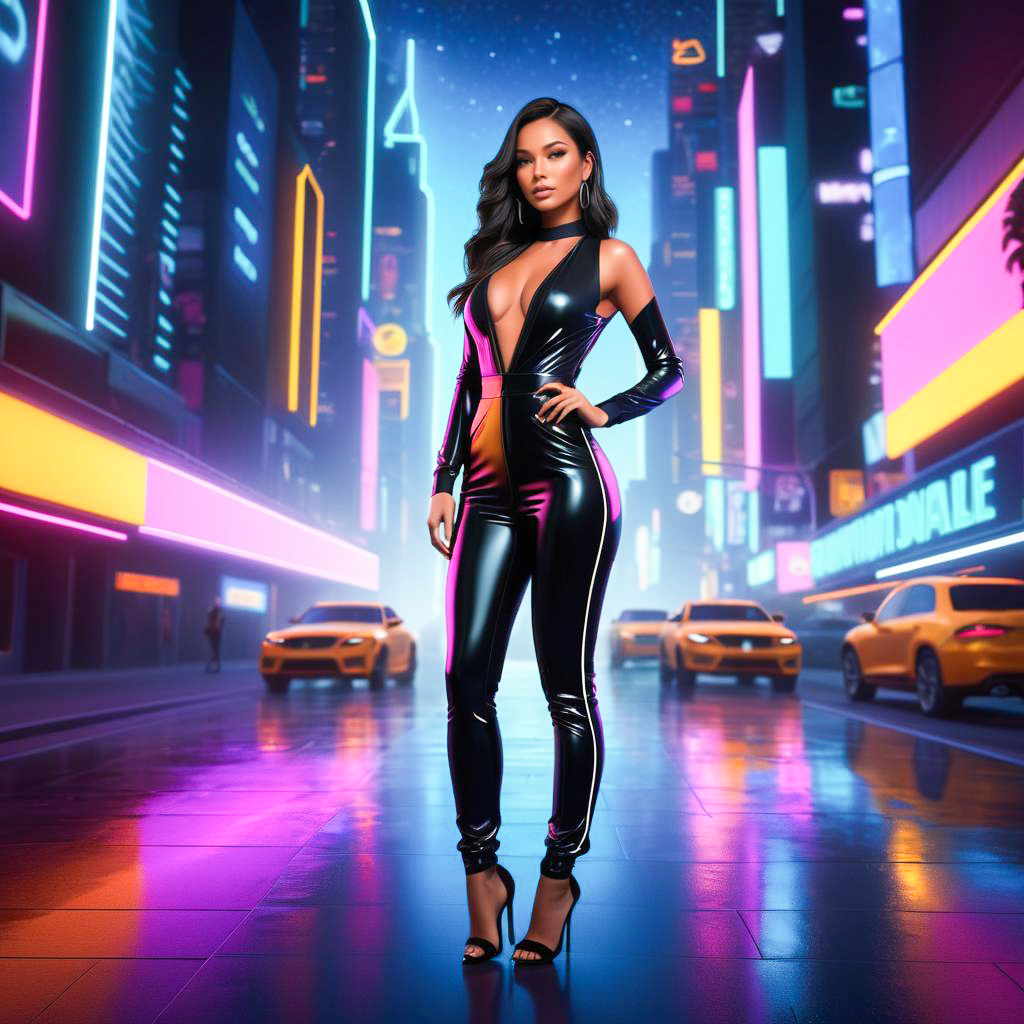 Confident Woman in Black Jumpsuit in Futuristic City