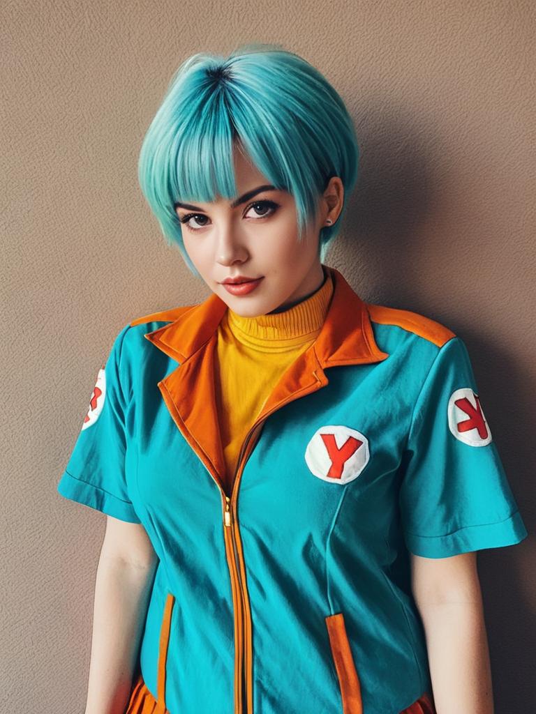 Realistic Photo of Woman in Bulma Cosplay Costume with Turquoise Hair