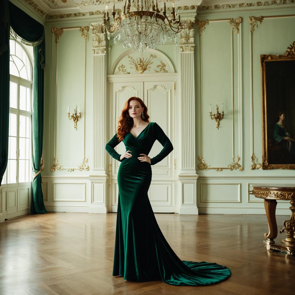 Elegant Woman in Emerald Velvet Gown in Classic Luxury Interior