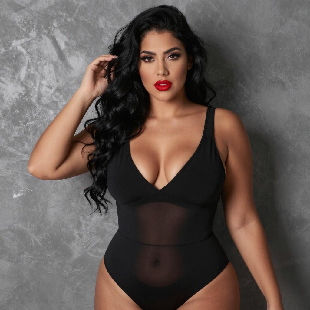 Confident Woman in Black Sheer Bodysuit with Red Lips