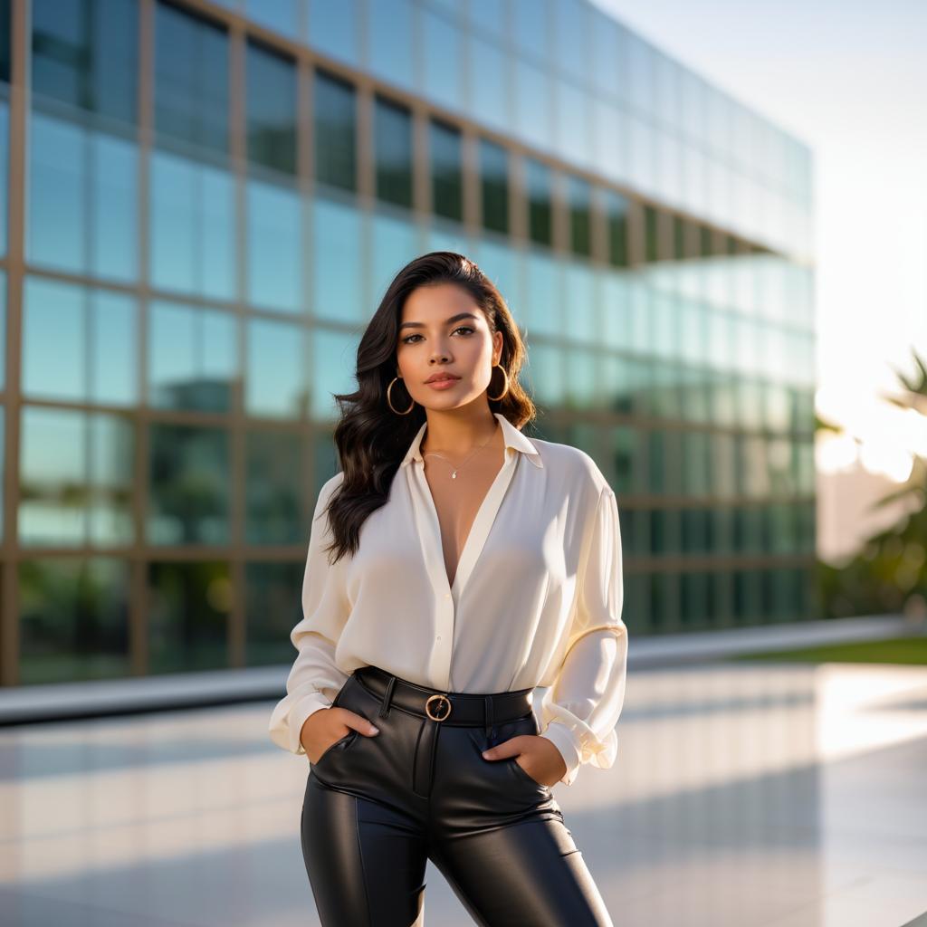 Stylish woman in front of modern glass building