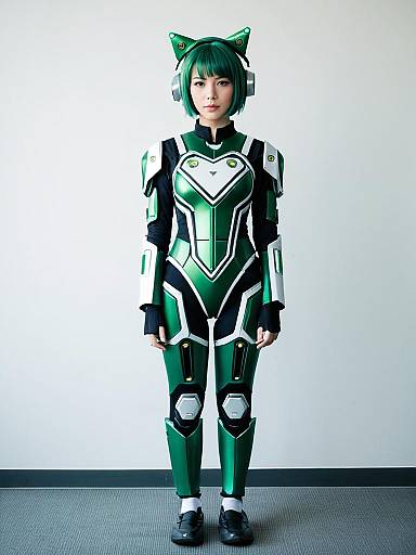 Futuristic Woman in Green Sci-Fi Armor with Cat-Ear Headphones