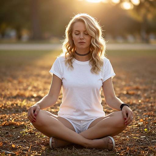 Woman Meditating Outdoors in White T-Shirt and Shorts at Sunset