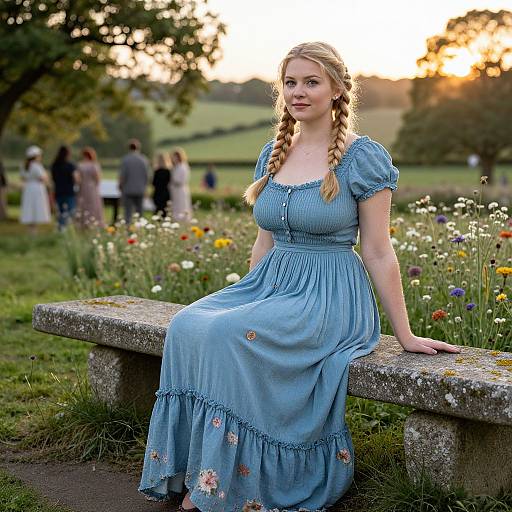 Young Woman in Blue Vintage Dress Sitting on Stone Bench in Countryside