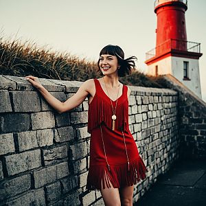 Smiling Woman in Red Fringe Dress by Lighthouse