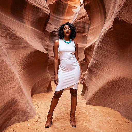 Woman in White Dress Posing in Narrow Sandstone Canyon