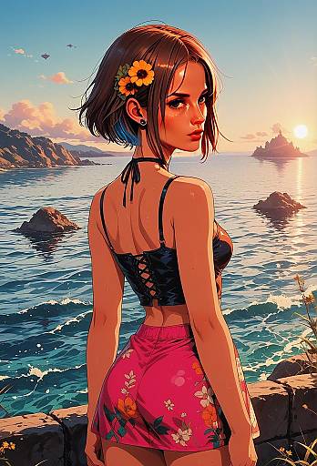 Anime Style Woman by the Sea at Sunset in Floral Skirt and Black Crop Top