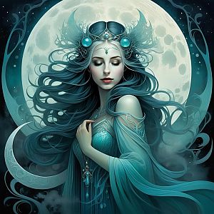 Mystical Woman with Teal Hair and Full Moon