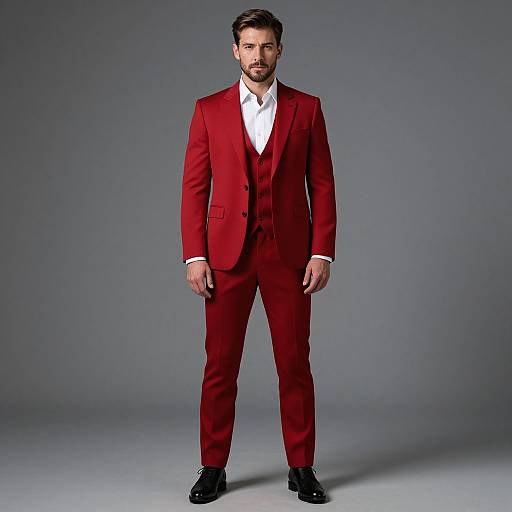 Man Wearing Modern Slim-Fit Red Suit with White Shirt on Gray Background