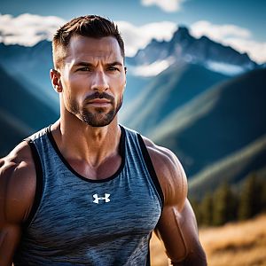 Muscular Man Posing Outdoors in Mountain Landscape