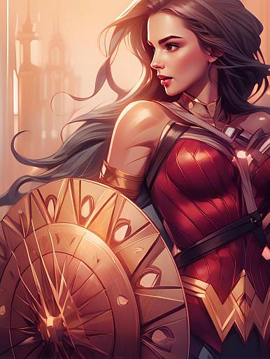 Empowered Female Warrior in Red and Gold Armor Digital Illustration