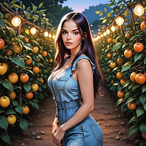Confident Woman in Blue Jumpsuit in Orchard with Orange Fruits