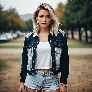 Confident Young Woman in Denim Outfit Outdoors