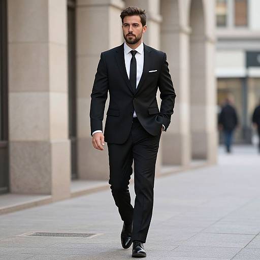 Confident Man Walking in Black Suit on City Street