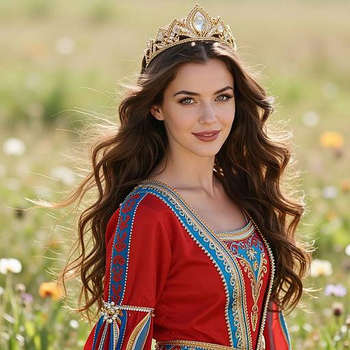 Beautiful Woman in Medieval Embroidered Dress and Crown in Wildflower Field