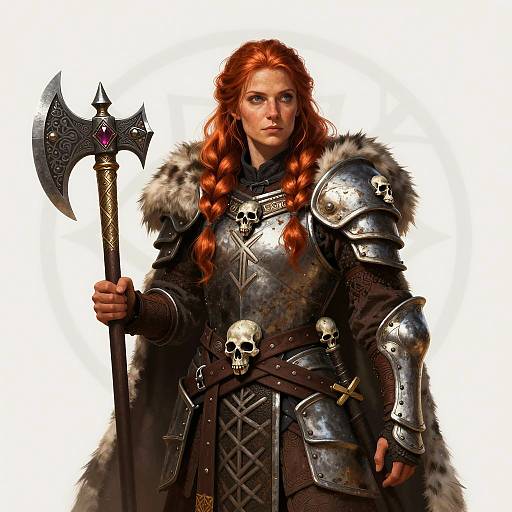 Red-Haired Woman Warrior in Viking Inspired Armor with Battle Axe