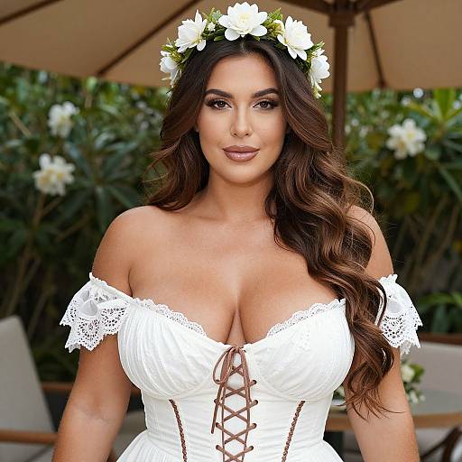 Elegant Woman in White Lace Corset Dress with Floral Crown Outdoors