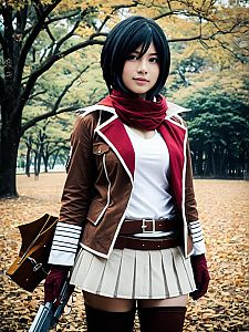 Realistic Cosplay of Mikasa Ackerman from Attack on Titan by Woman in Autumn Park