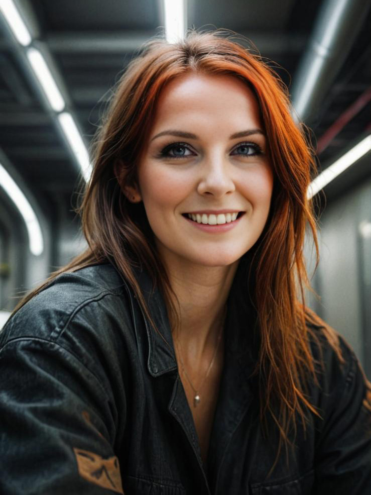 Smiling Redhead Woman in Black Shirt