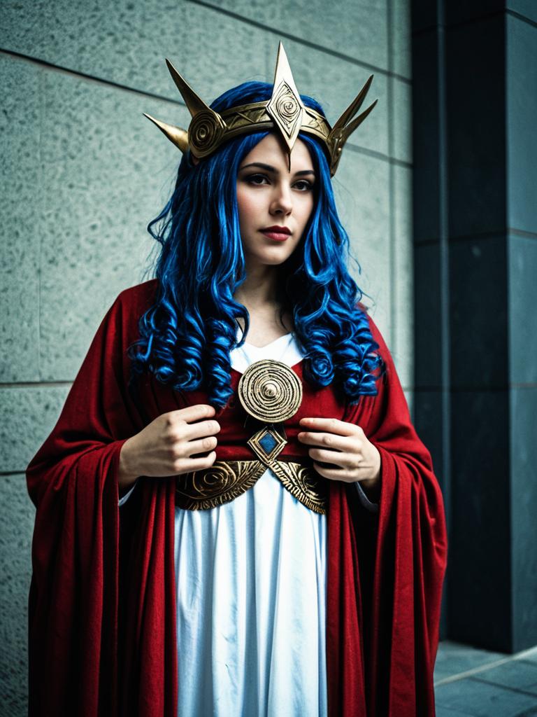 Realistic Medea Cosplay Costume Featuring Man in Royal Outfit with Blue Wig and Golden Crown