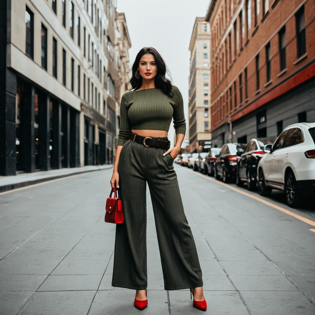 Fashionable Woman in Olive Green Outfit with Red Accessories on City Street