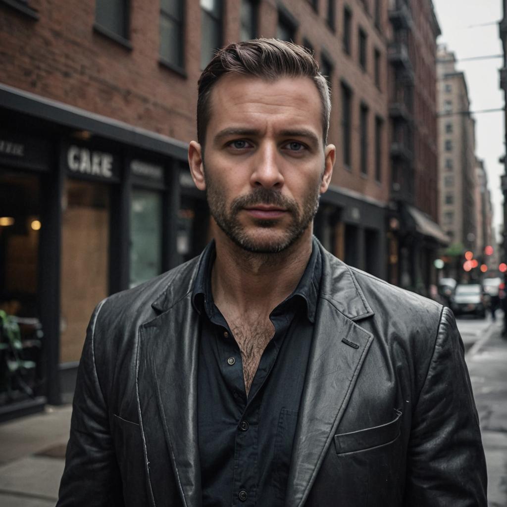 Confident man in leather jacket on city street