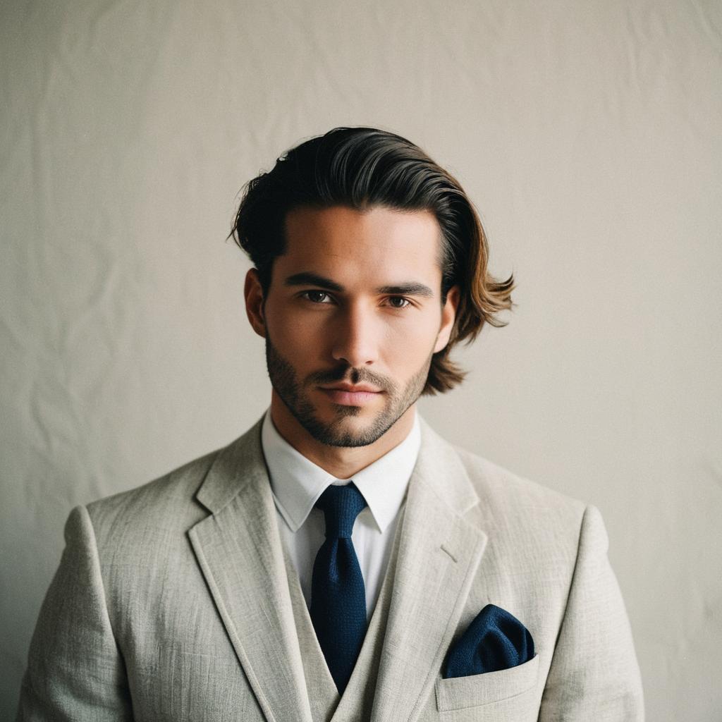 Professional Man Wearing Beige Suit and Navy Blue Tie Portrait