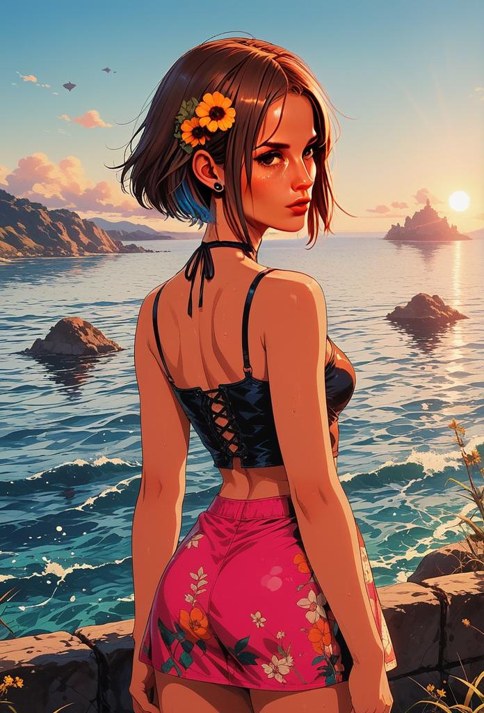 Anime Style Woman by the Sea at Sunset in Floral Skirt and Black Crop Top