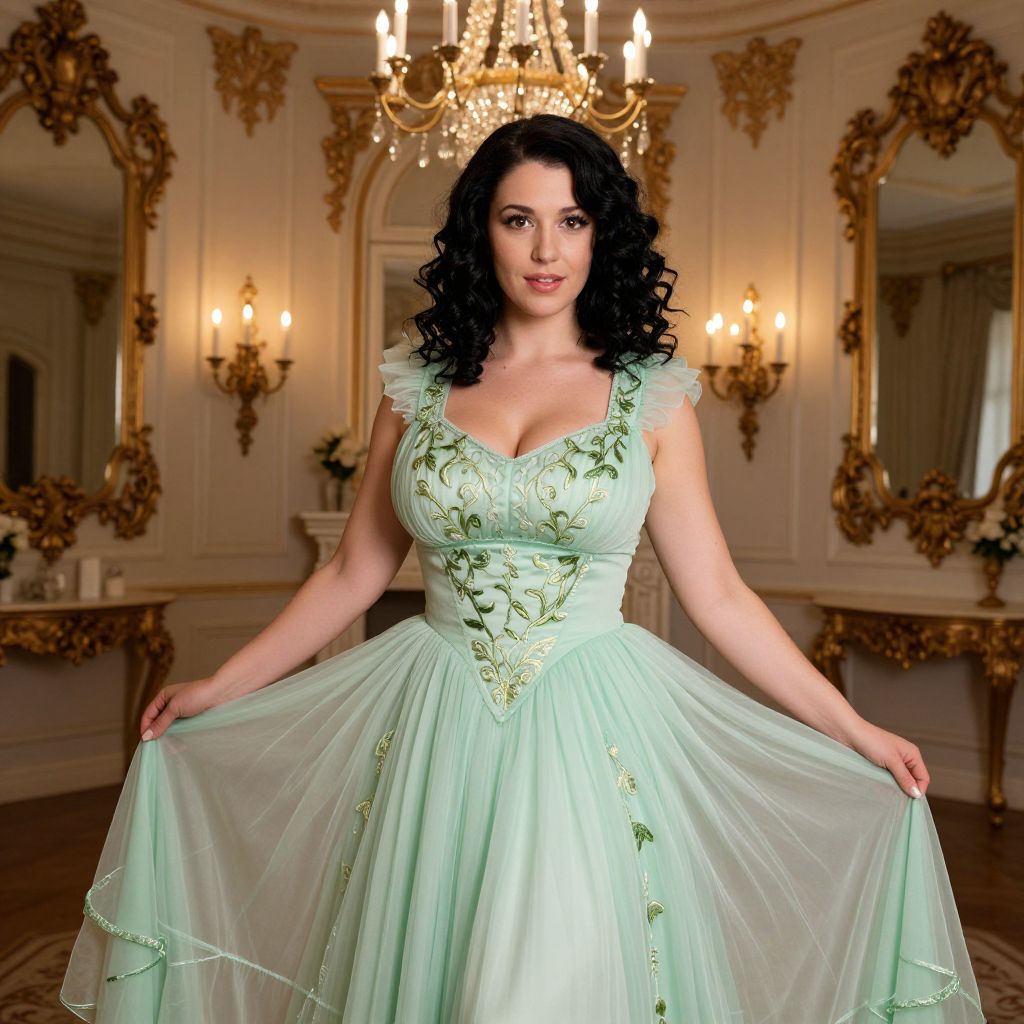 Elegant Woman in Pastel Green Embroidered Vintage Gown in Luxurious Interior