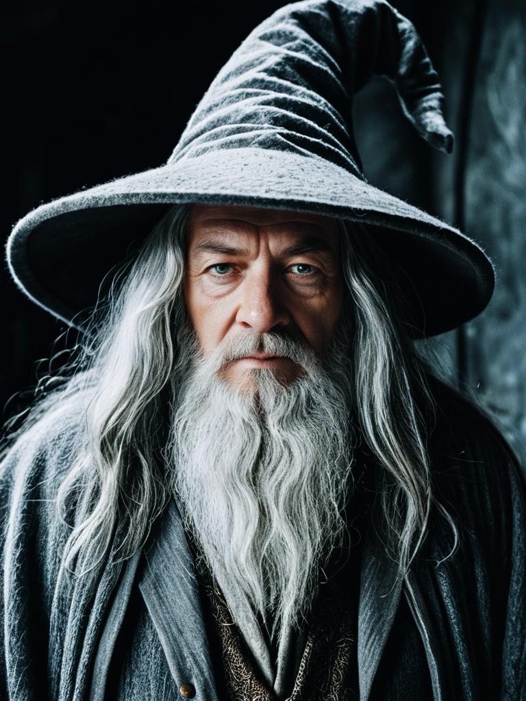 Man in Gandalf Costume Cinematic Realism Heroic Wizard Studio Photo