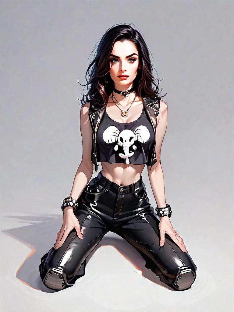 Edgy Woman in Black Leather Pants and Skull Crop Top Digital Comic Art