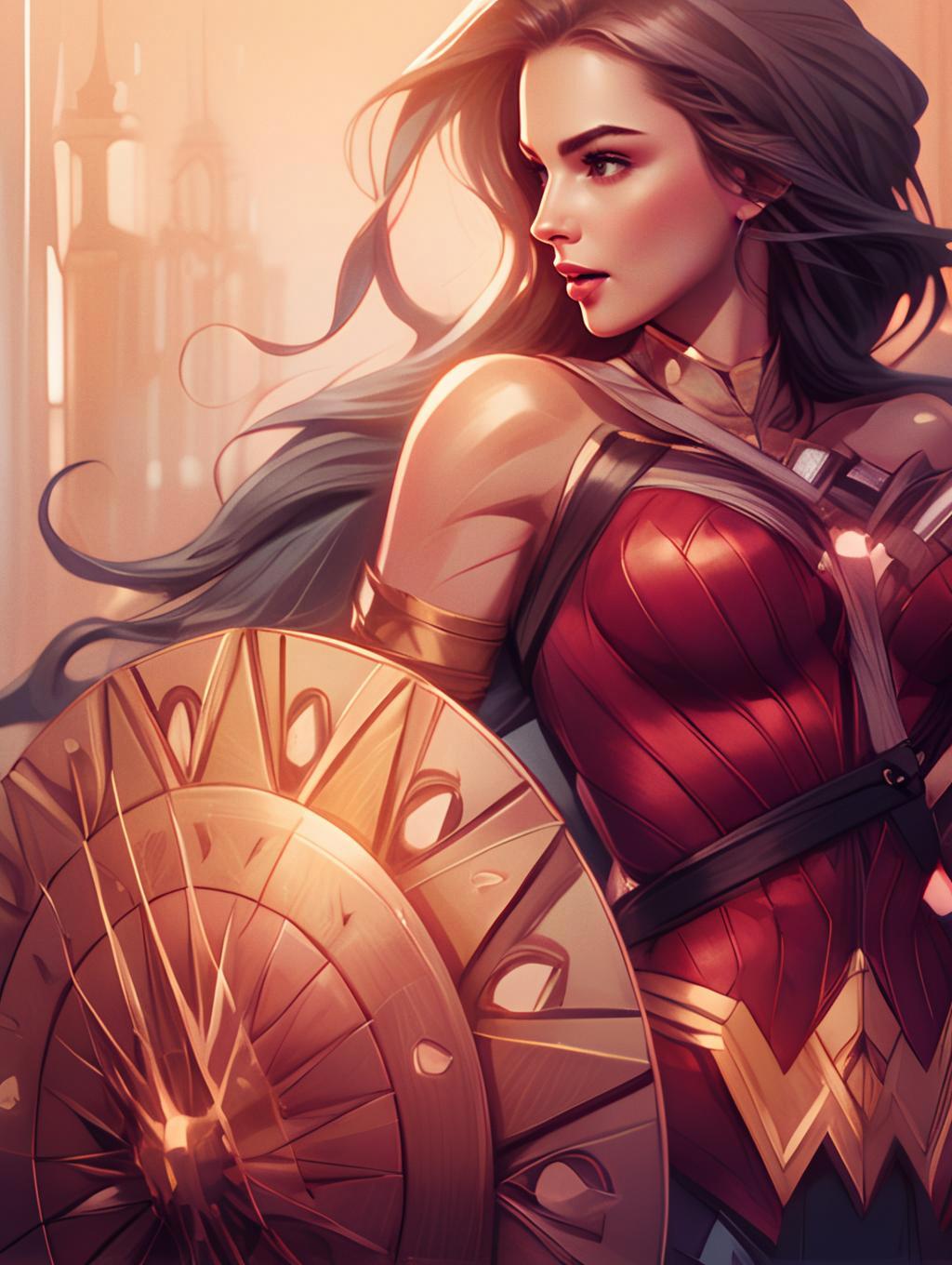 Empowered Female Warrior in Red and Gold Armor Digital Illustration