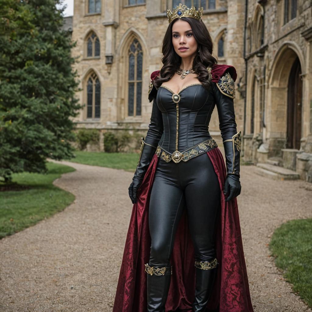 Confident Woman in Baroness Costume at Castle