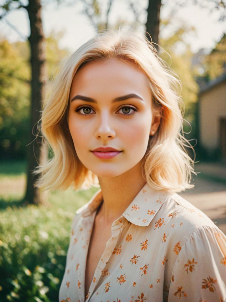 Petite Blonde Woman in Floral Blouse