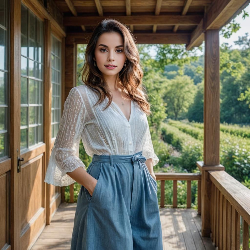 Elegant Woman on Veranda in Lush Greenery