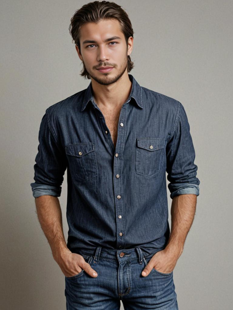 Casual Man in Denim Shirt and Jeans