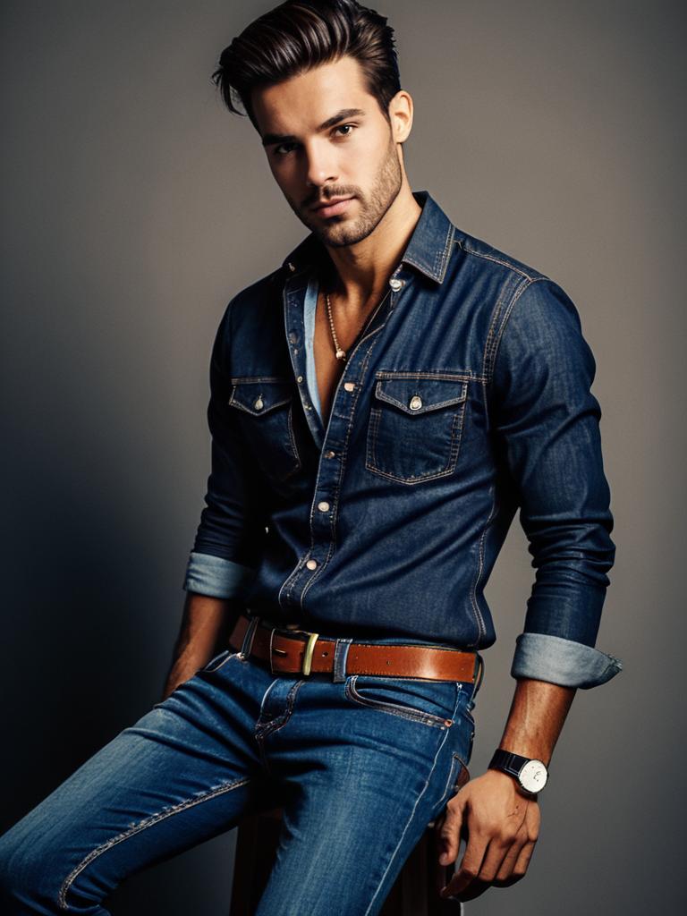 Man in Stylish Denim Jeans Outfit Waist Up Editorial Portrait Photorealist