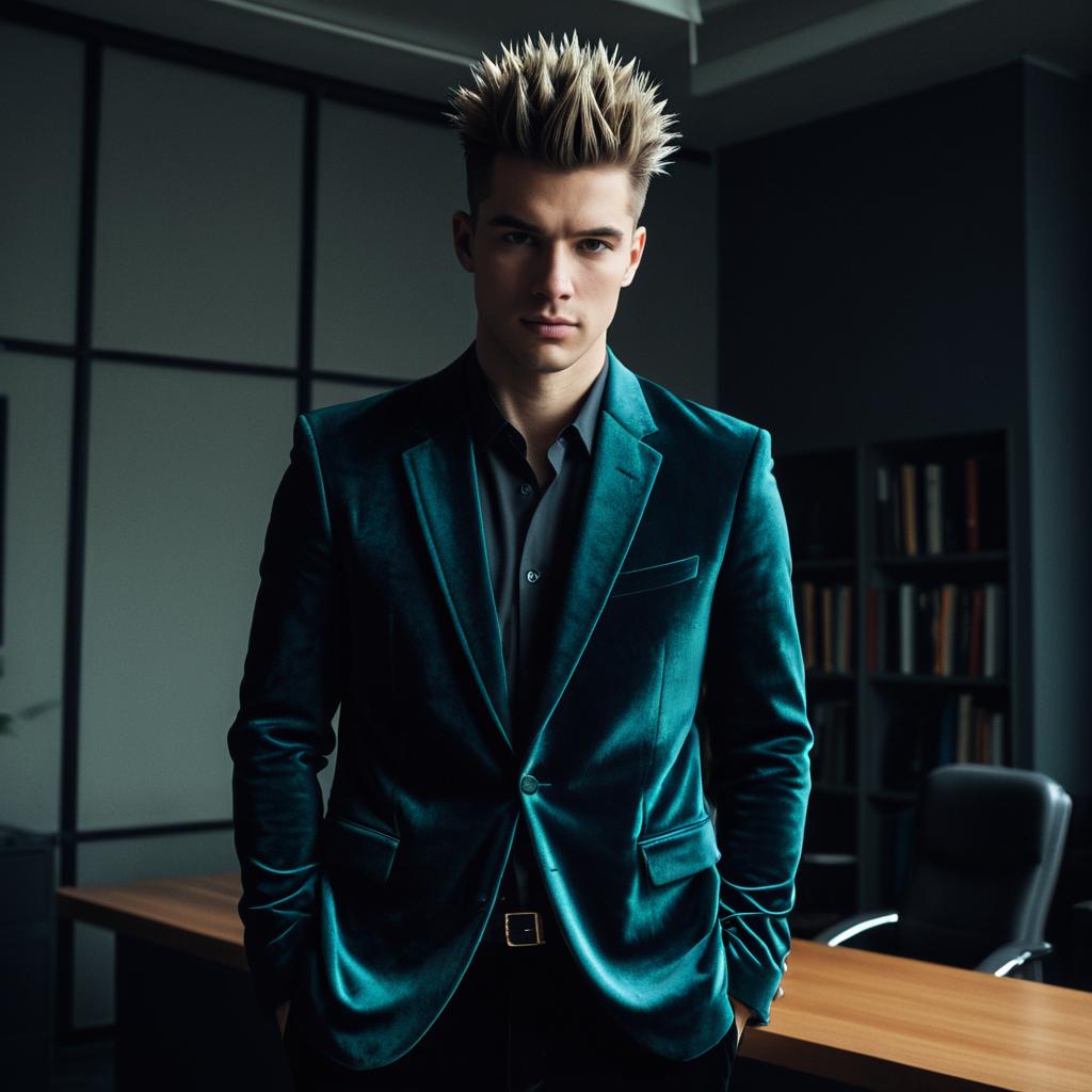 Stylish Young Man in Teal Velvet Blazer in Modern Office