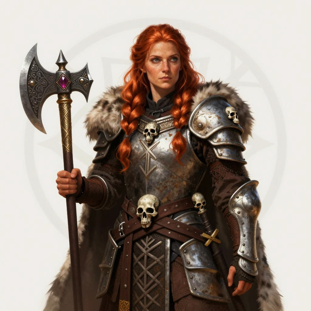 Red-Haired Woman Warrior in Viking Inspired Armor with Battle Axe