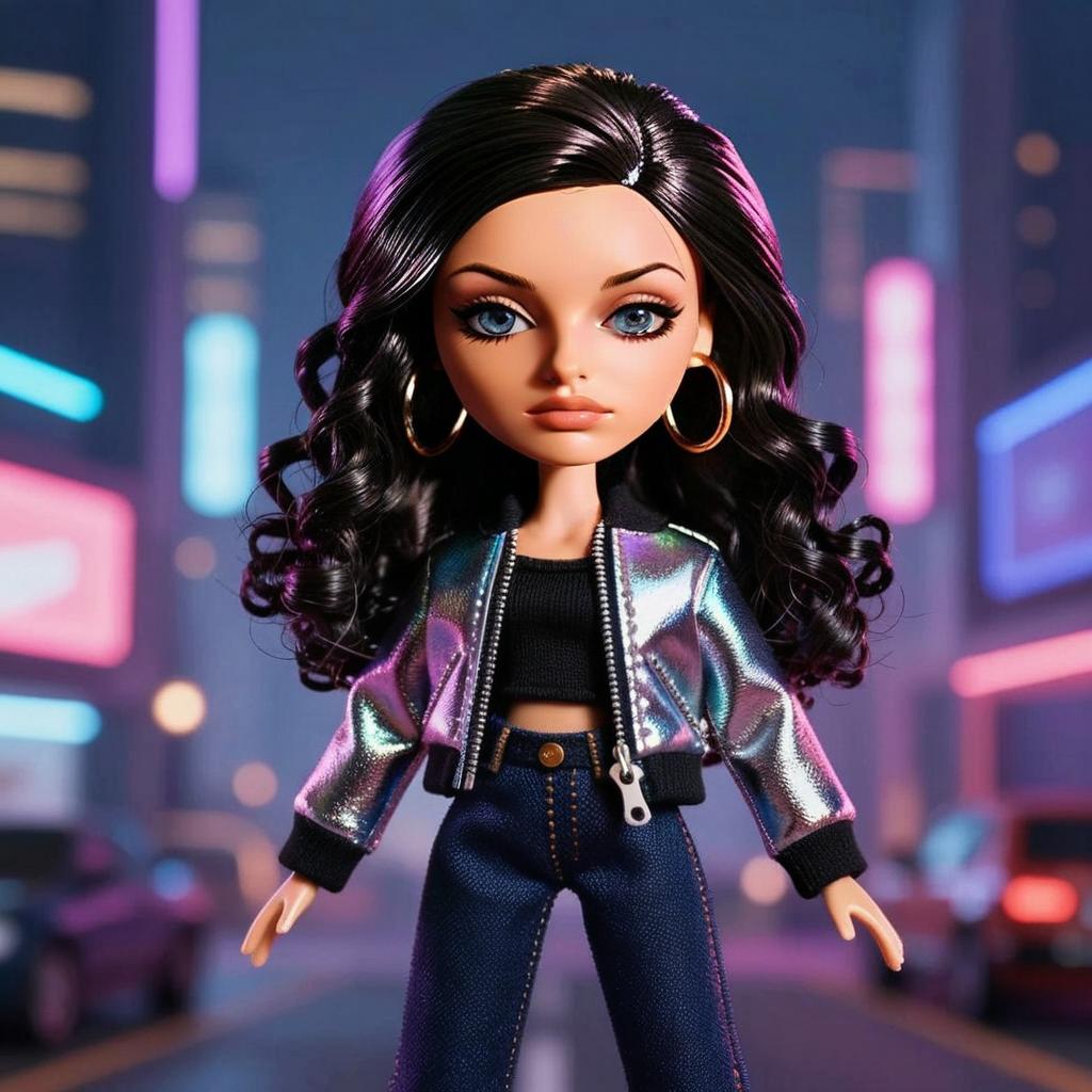 Gen Z Fashion Doll with Holographic Jacket and Neon City Background