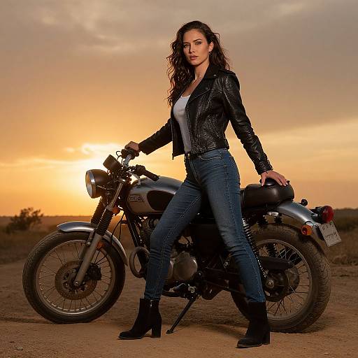 Woman with Classic Motorcycle at Sunset in Leather Jacket