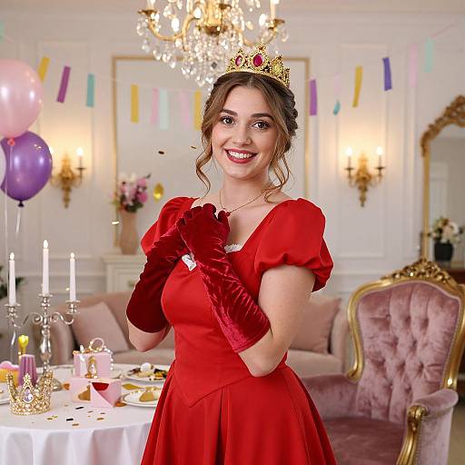 Woman in Red Princess Dress with Crown at Elegant Party
