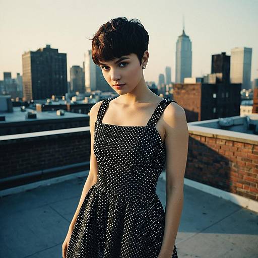 Young Woman in Polka Dot Dress on Urban Rooftop at Sunset
